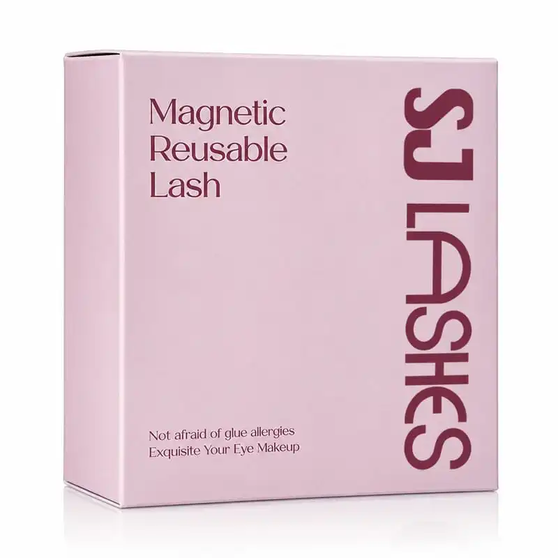 Pale pink printed magnetic reusable lash box at a three quarter angle showing the vertical brand wordmark and product name - magnetic reusable lash packaging