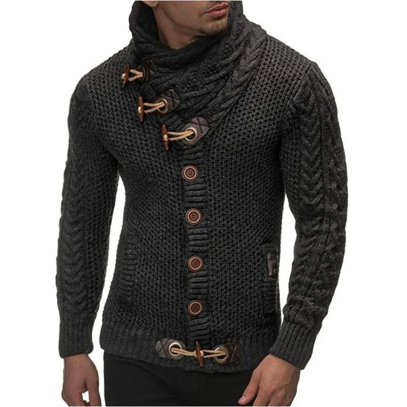 

Wholesale Odm Printing Polyester Horn Buckle Fashion Hand Knitted Cardigan Crochet Knit Button Up Turtleneck Sweater Men