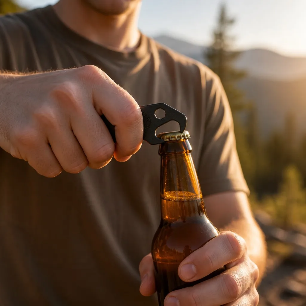 Person using outdoor bottle opener at campsite