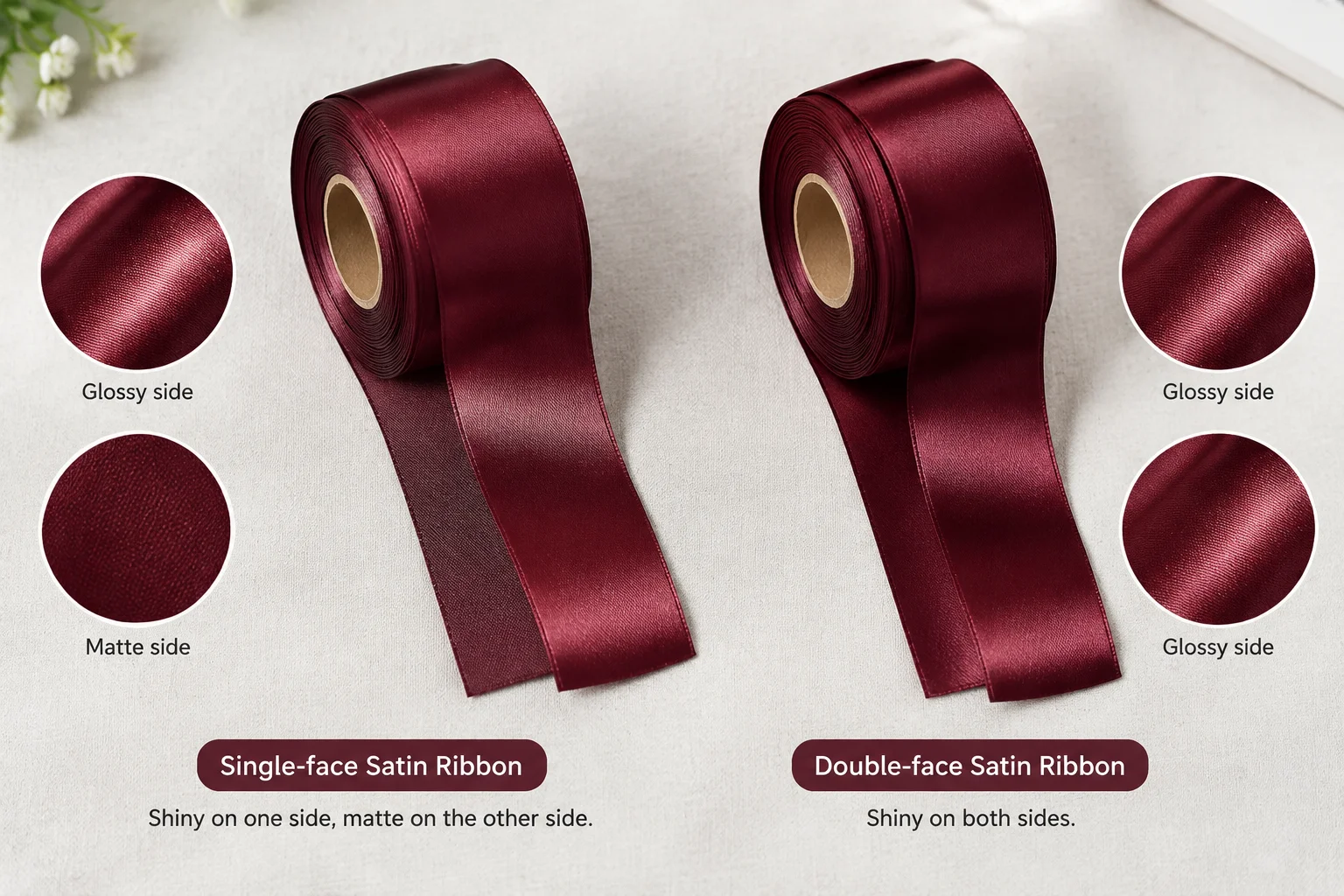Single-face vs double-face satin ribbon side-by-side comparison for B2B procurement reference