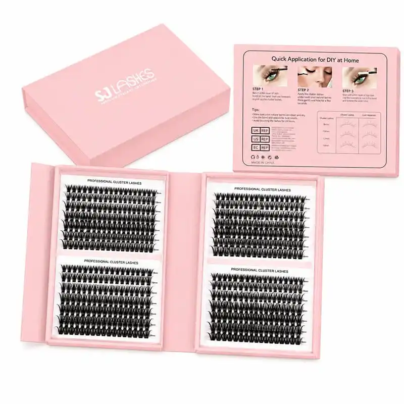 Pink bifold lash gift box opened flat with printed cluster lash panels and a printed application card alongside - bifold lash gift box pink