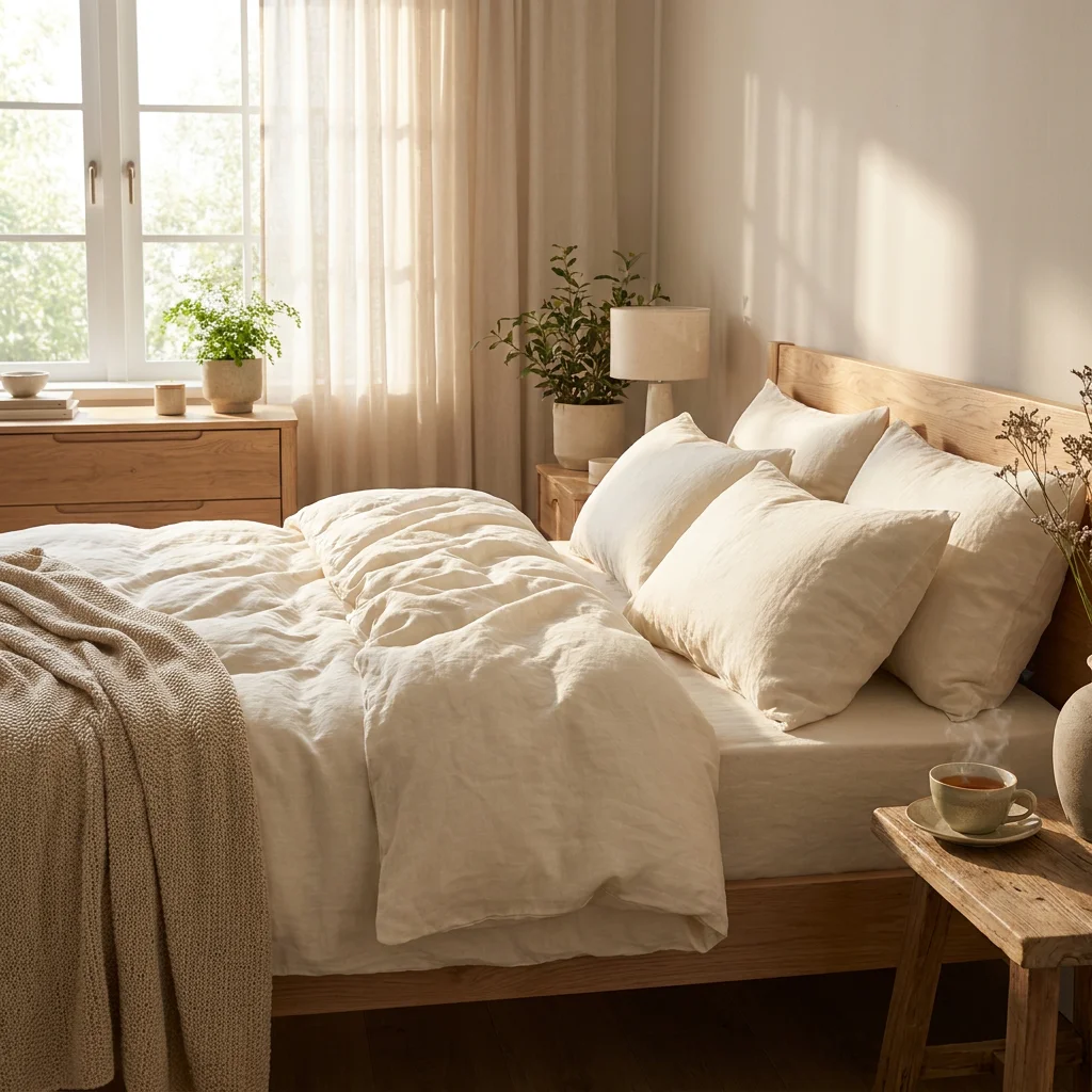 Lit fait avec une parure de lit en lin crème froissé sous une lumière matinale douce