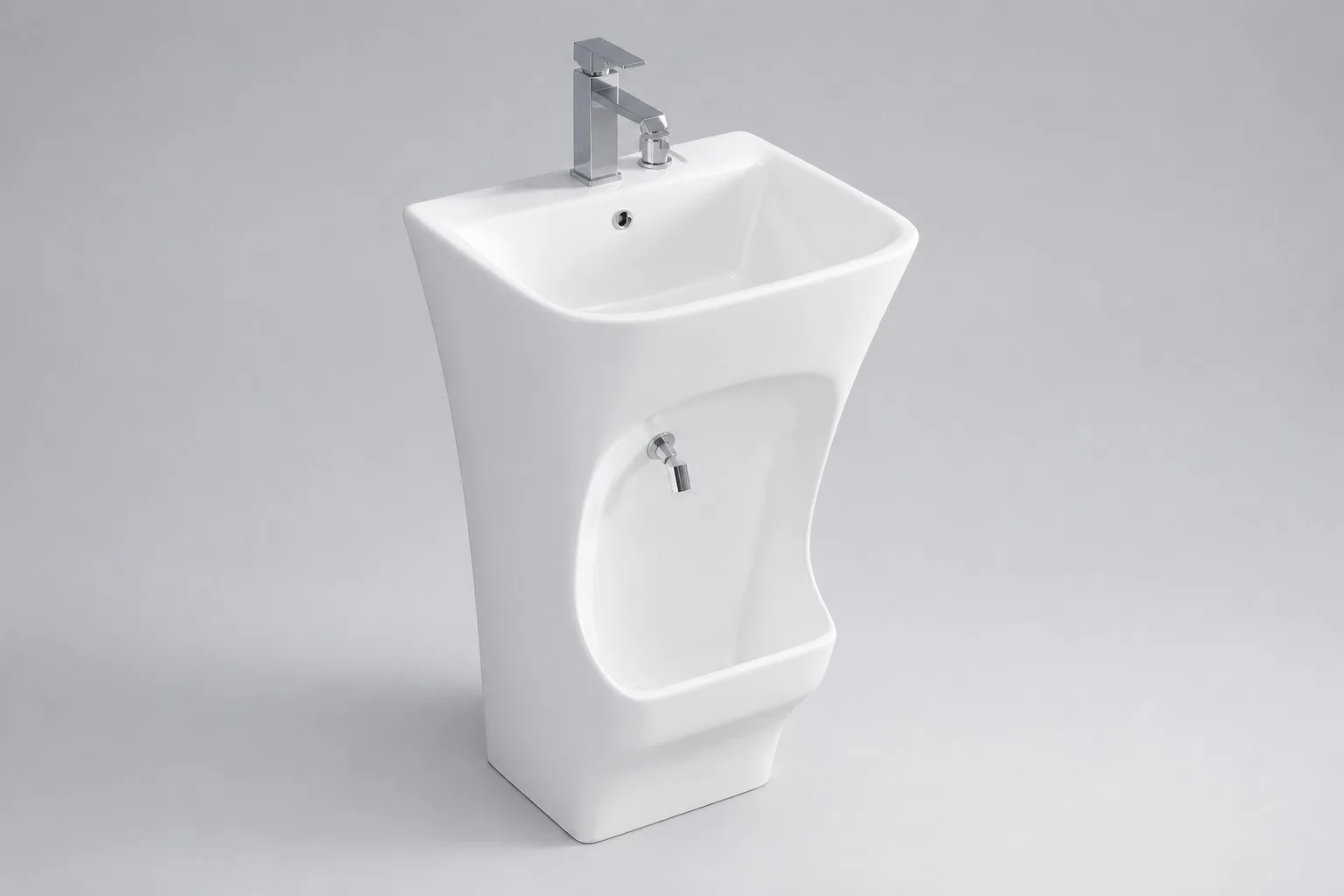 Rectangular white ceramic hand and foot wudu basin with chrome faucet