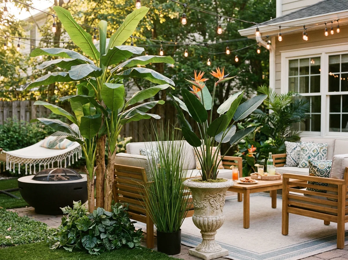 Summer backyard patio makeover with tropical artificial plants including faux banana tree and bird of paradise in decorative urns
