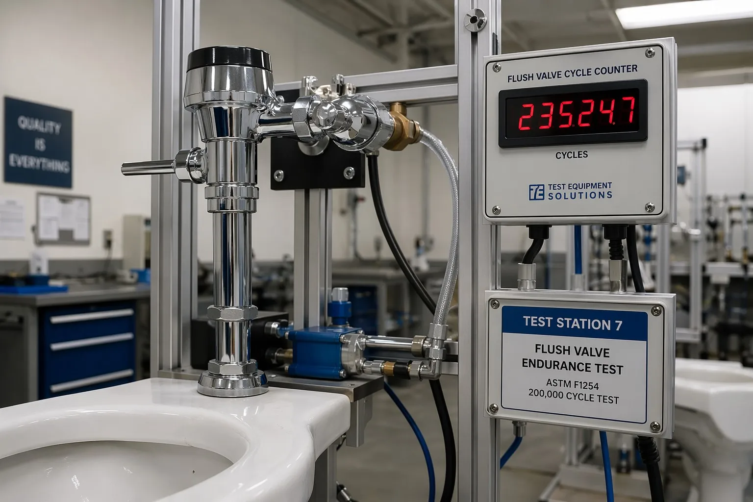 Commercial toilet flush valve undergoing cycle endurance fatigue testing