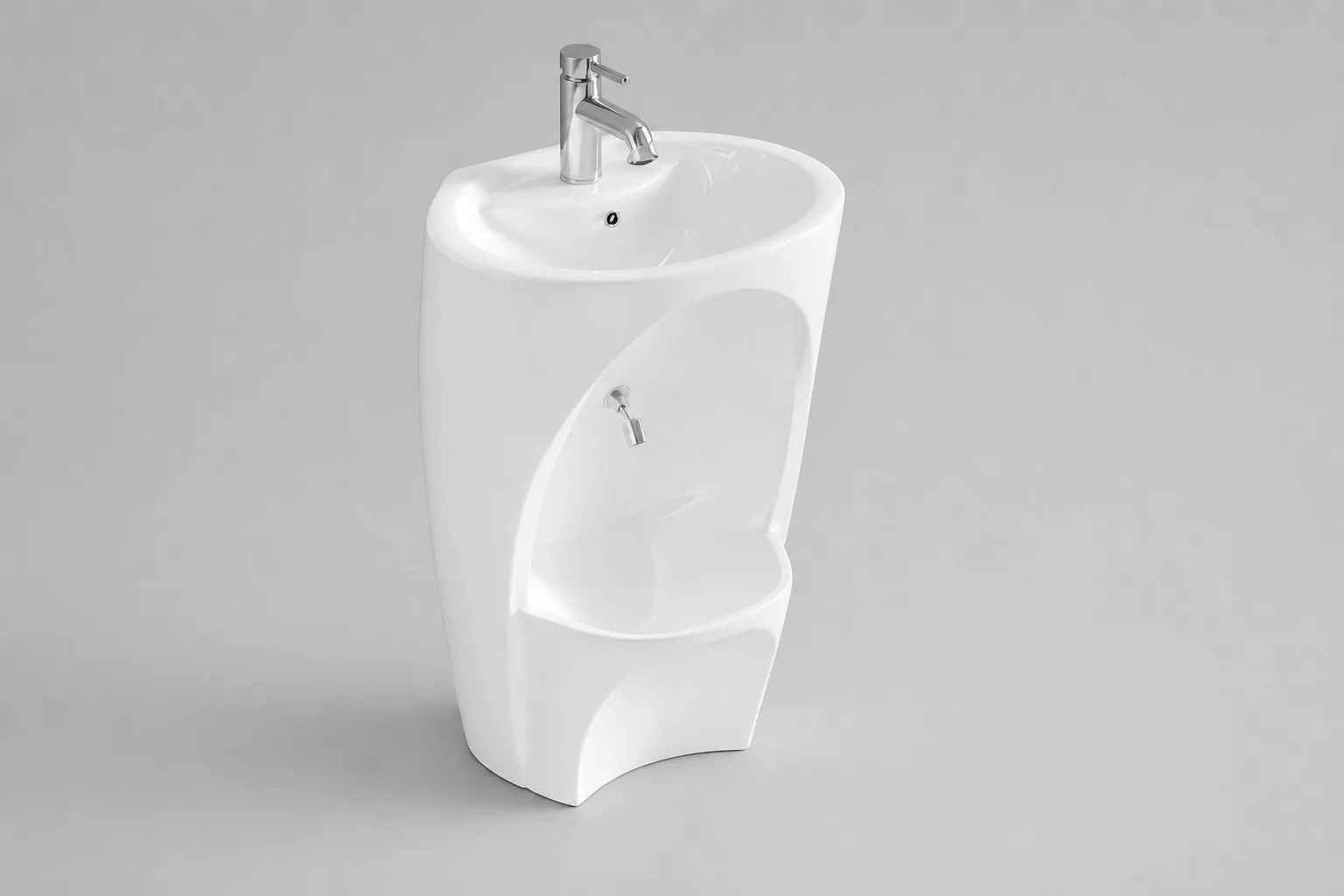 Tall white ceramic hand and foot wudu basin standing on the floor