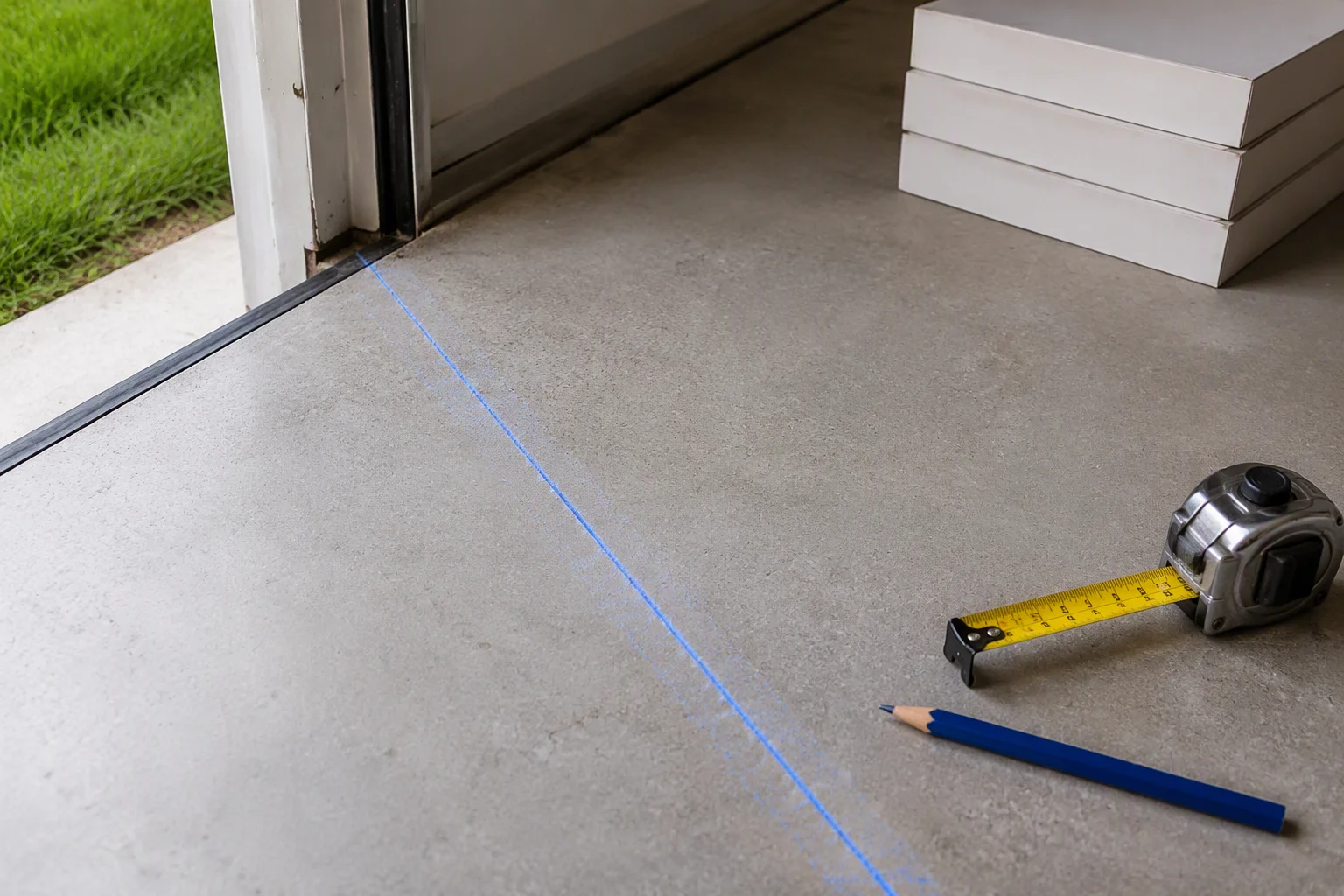 Chalk line snapped across a clean concrete garage floor to plan tile layout