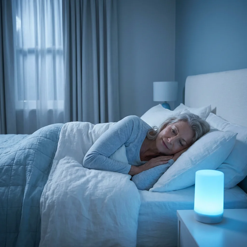 A mature woman sleeping peacefully in a cool, dark room, representing the relief from menopausal heat