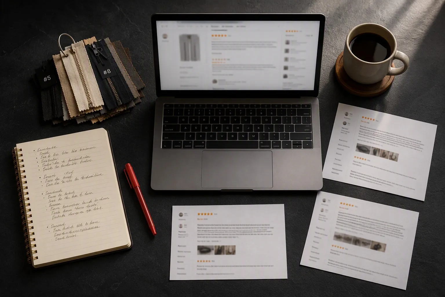 Review mining workspace — Amazon reviews, notebook, red pen, zipper samples