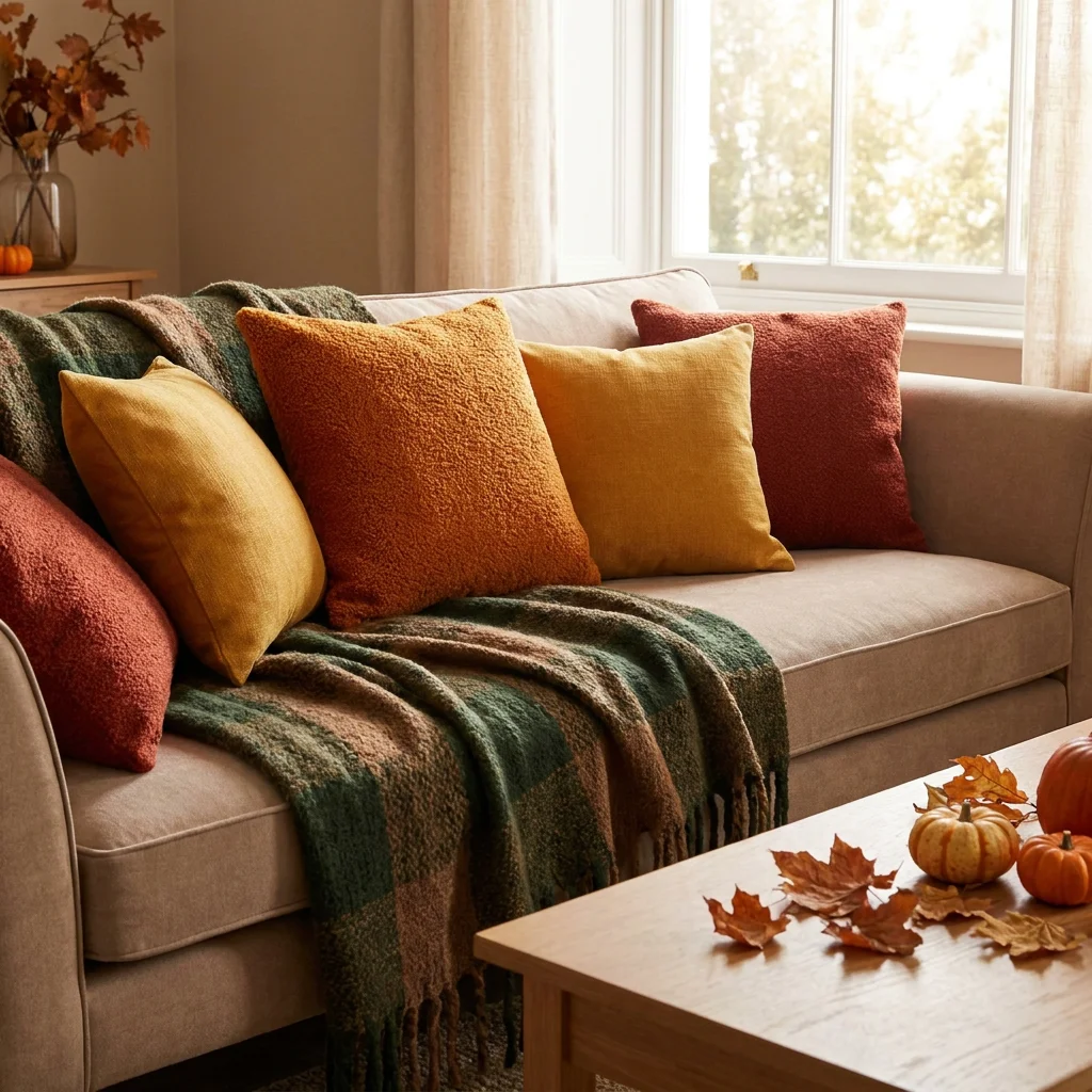 Décoration de salon automnale avec une accumulation de coussins en velours et un plaid
