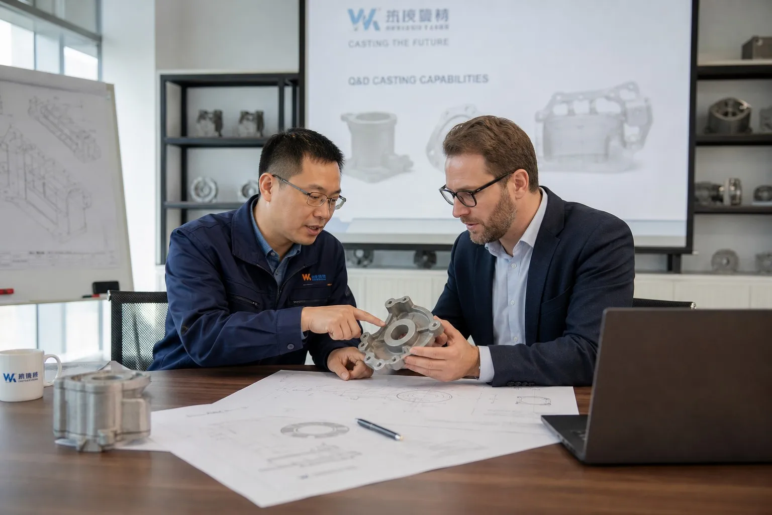 International buyer meeting with Chinese foundry representative reviewing casting drawings