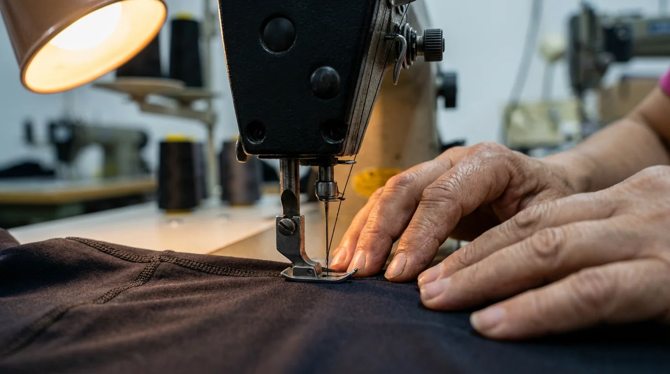 Skilled seamstress sewing activewear on industrial machine