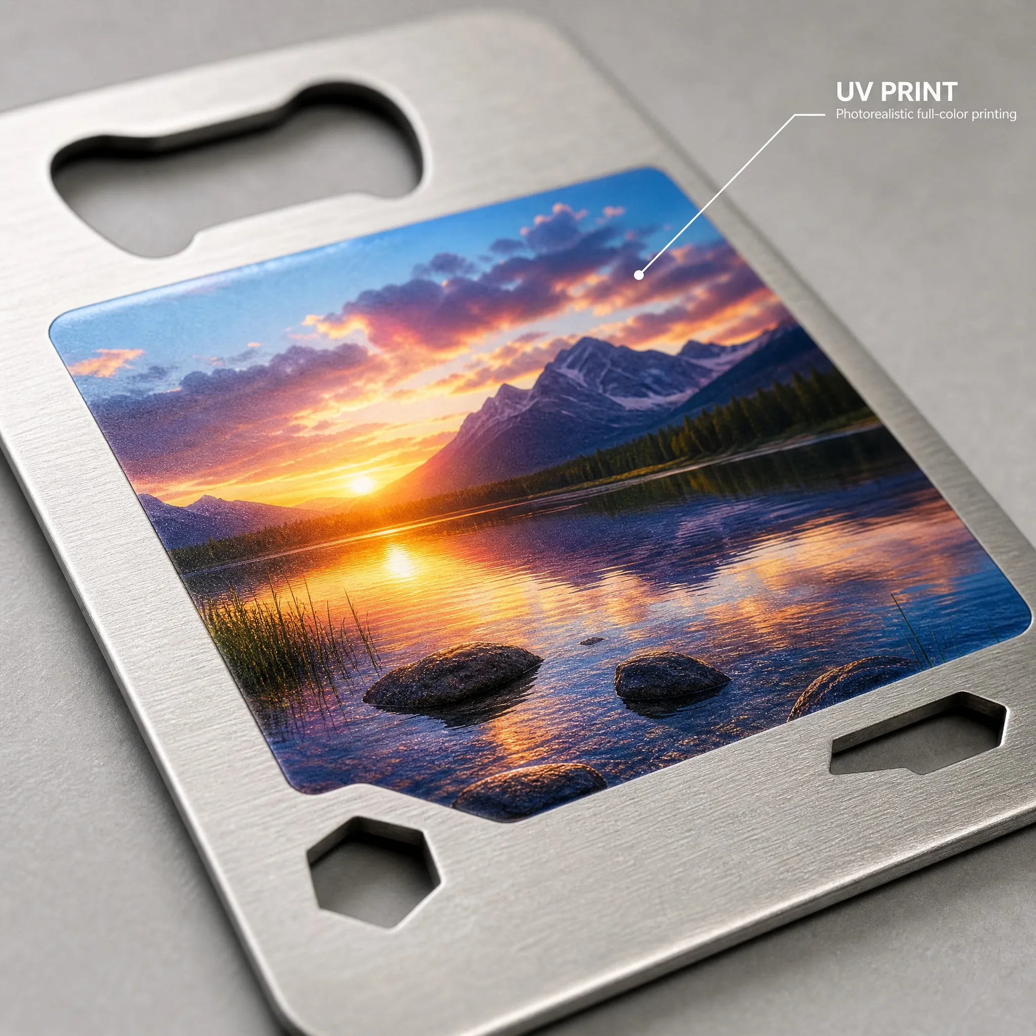 Macro close-up of photorealistic UV printing on stainless steel