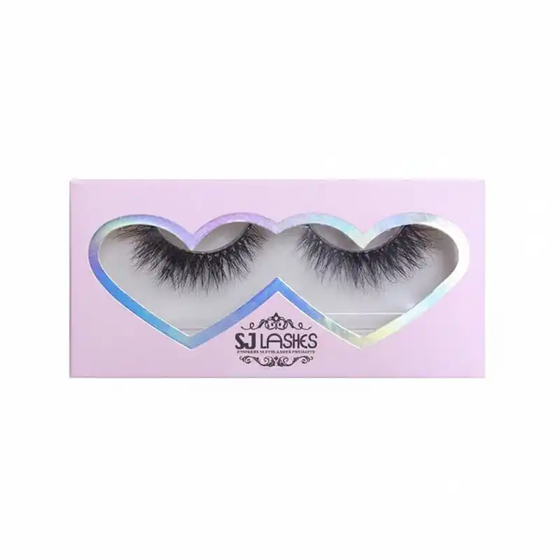 Pink single pair lash box with a double heart window outlined in laser silver foil and a printed filigree logo below - lash box finishing options