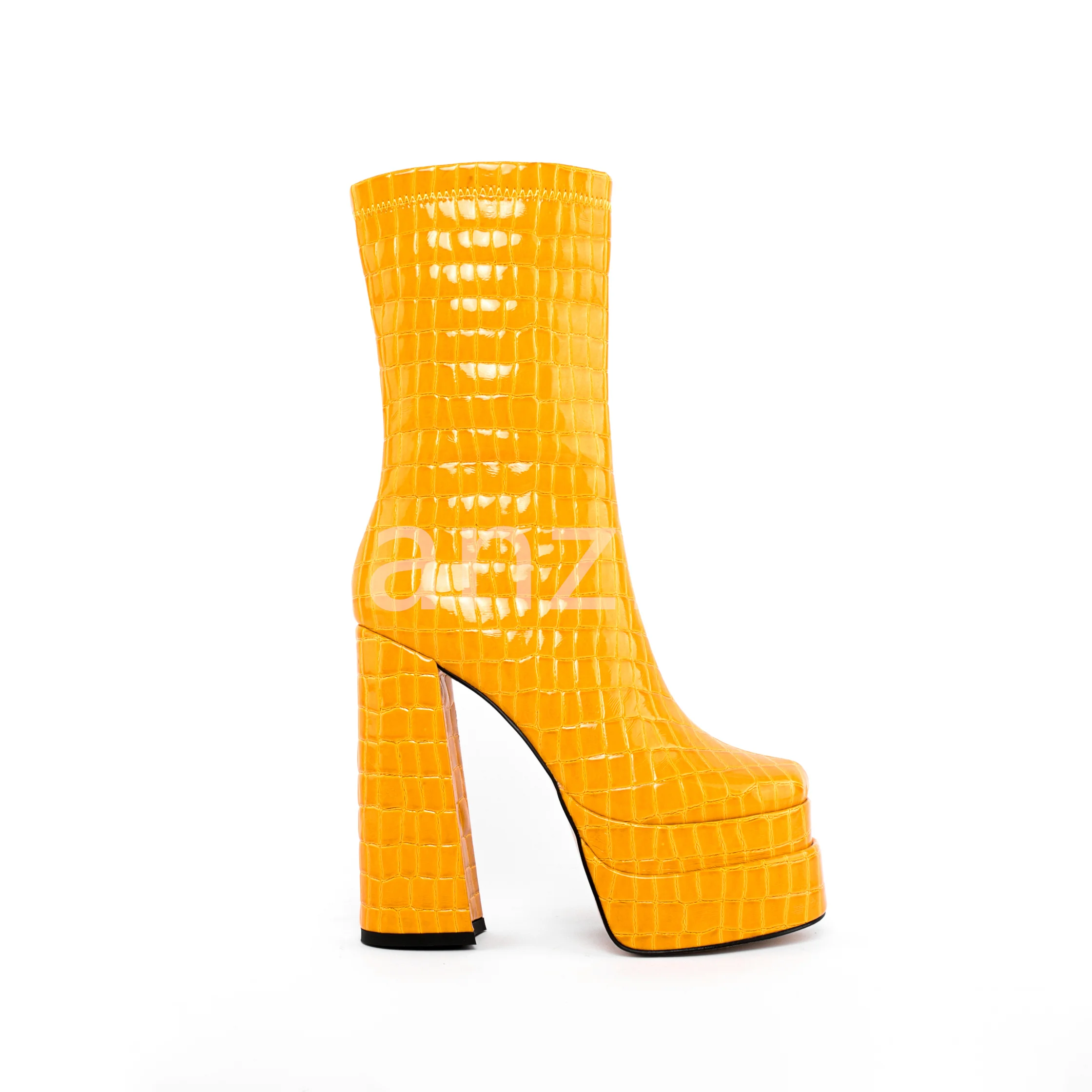 

Drop Shipping Orange Crocodile Pattern Platform Short Ankle Boots Woman Chunky Heels Boots Zip Up Women Shoes Brand Custom