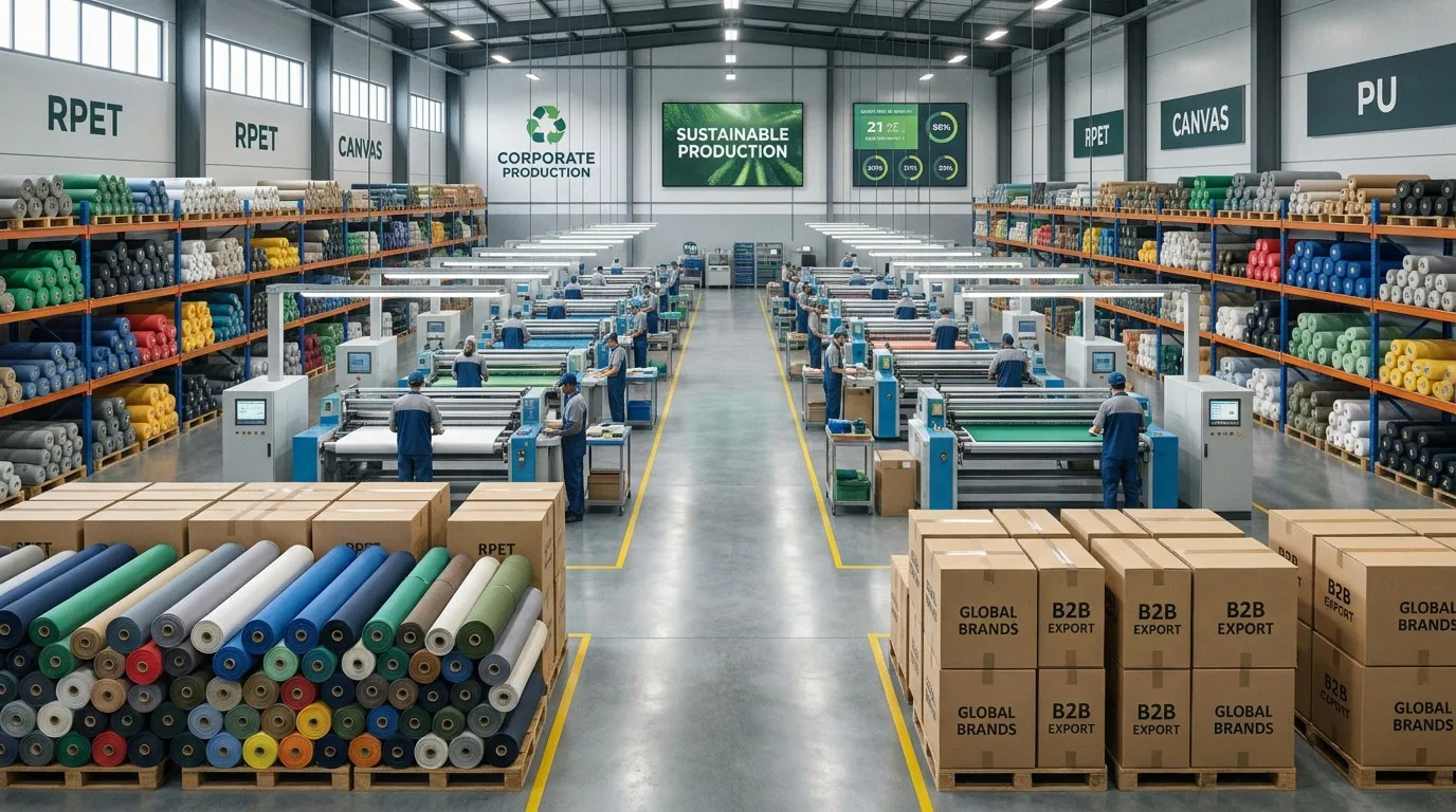 Wide-angle panorama of a professional organized 10-line bag manufacturing factory