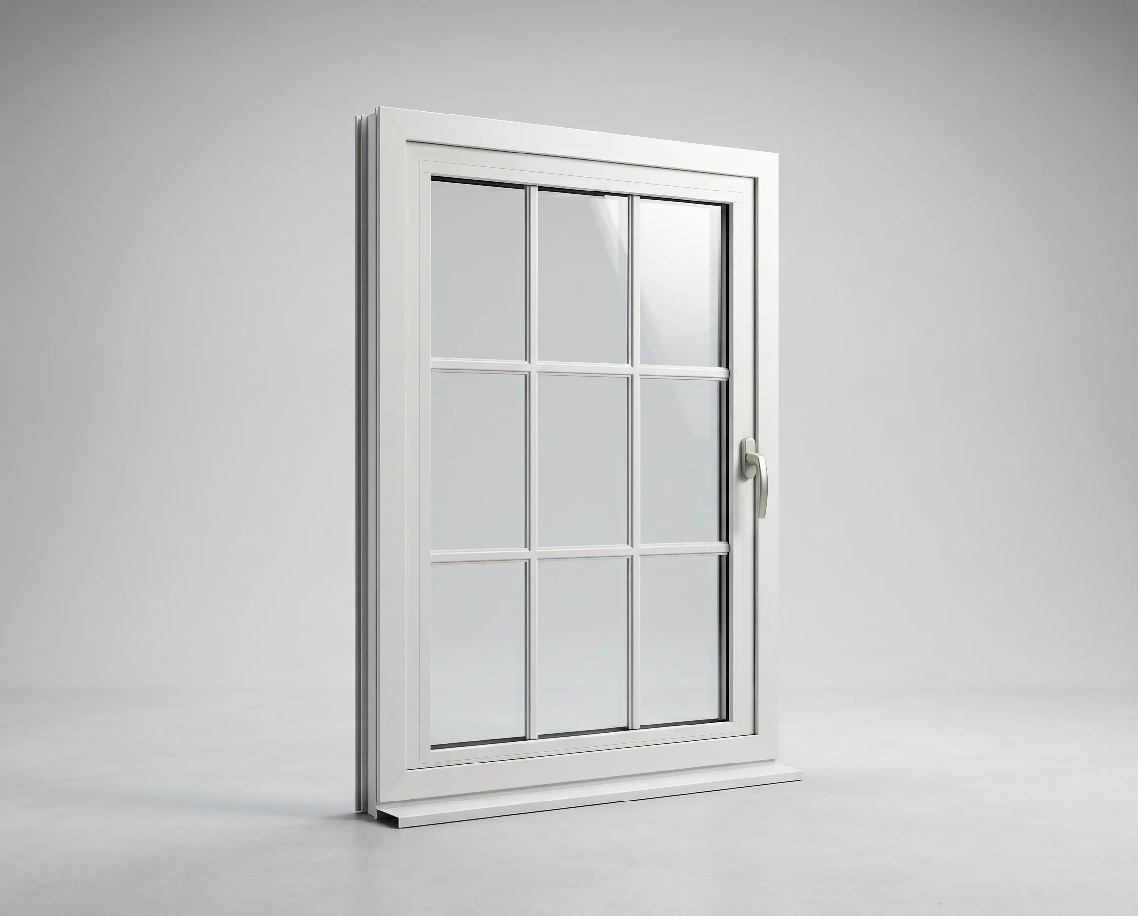 White aluminum casement window with colonial grille muntin grid pattern on light gray backdrop