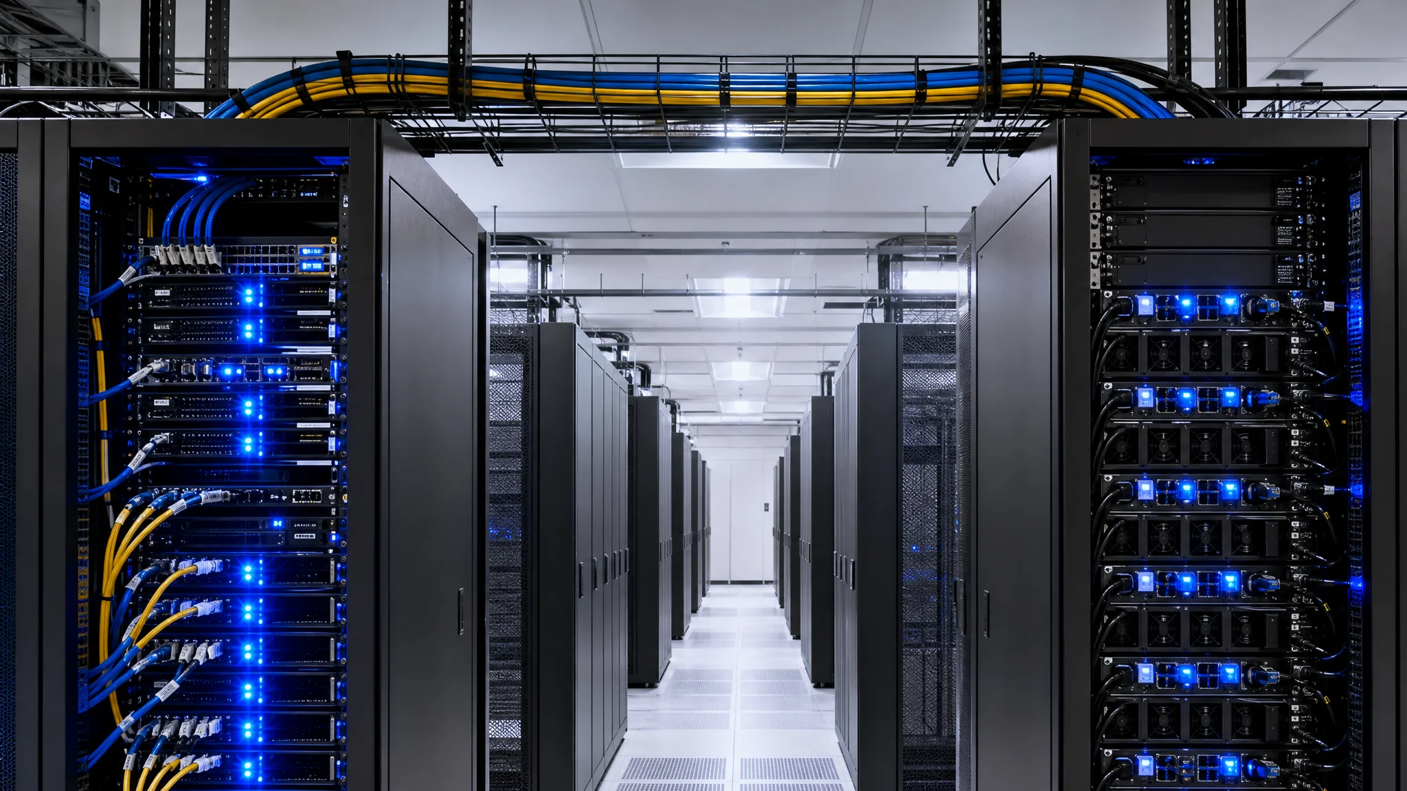 Two racks linked by a pre-labeled cable bundle routed in an overhead tray