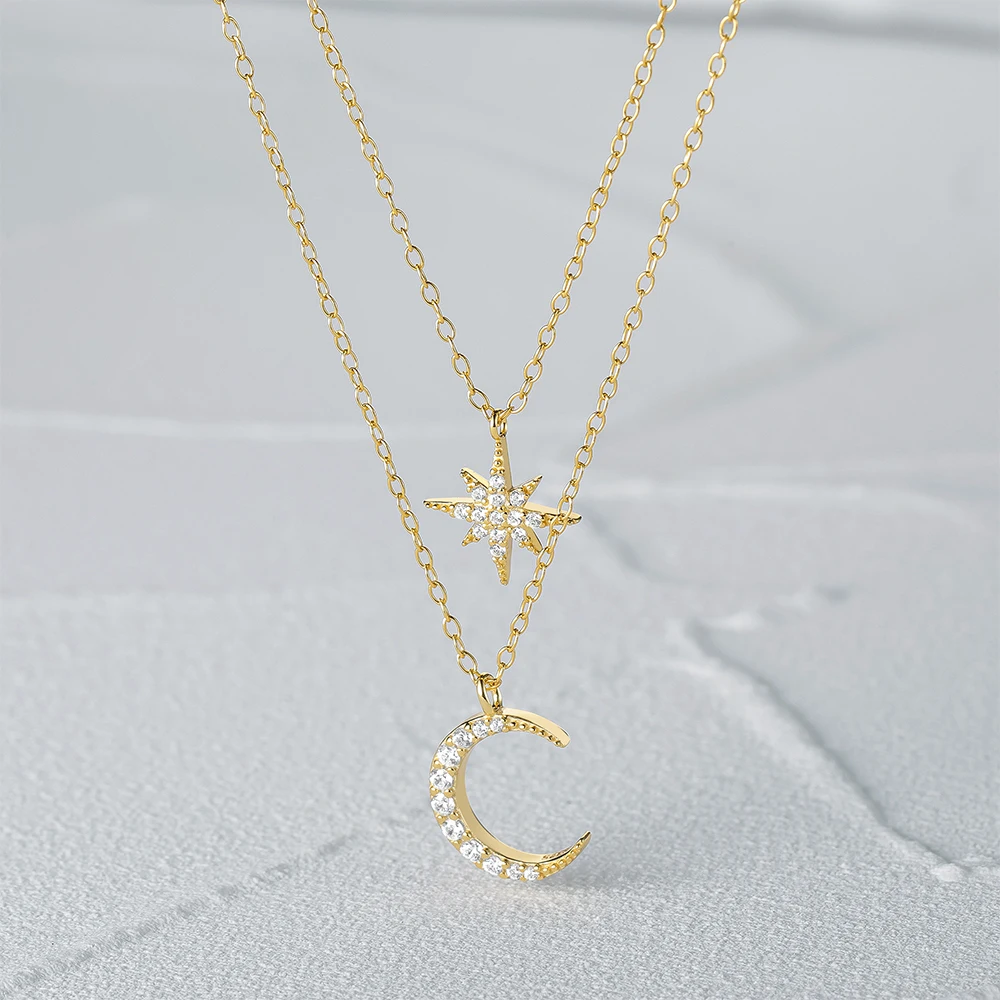 

CANNER S925 Sterling Silver Double Stacked Star Moon Diamond Necklace Octagonal Star Necklace 14k 18k Gold Plated For Girls