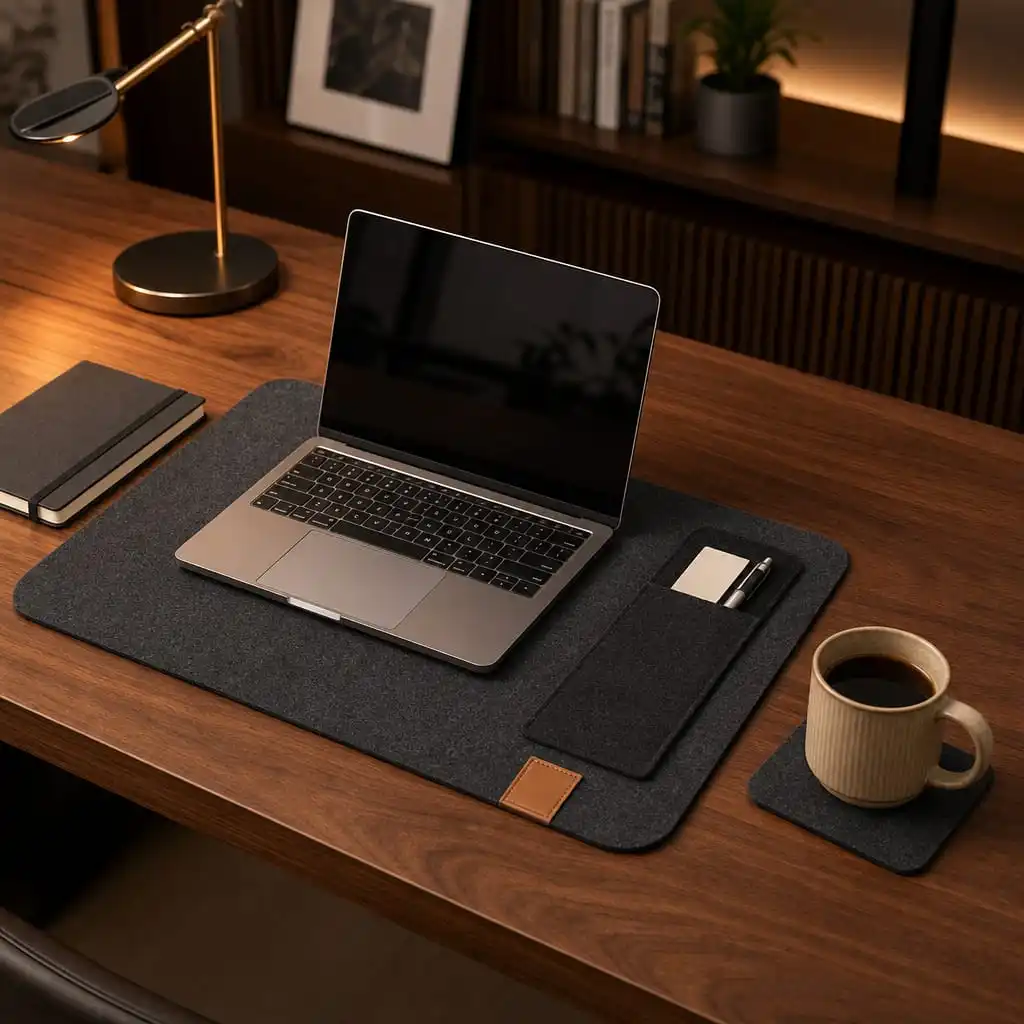 dark felt desk mat with laptop, notebook, pen pocket and coffee coaster