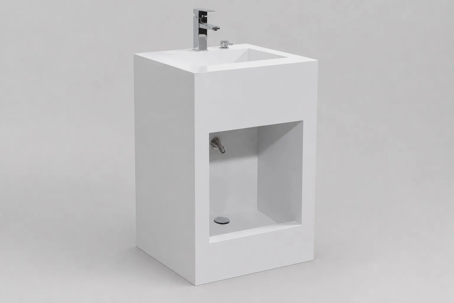 White sintered stone wudu basin unit with recessed foot-wash niche