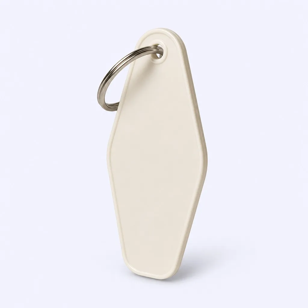 Blank motel key tag angled 3/4 view