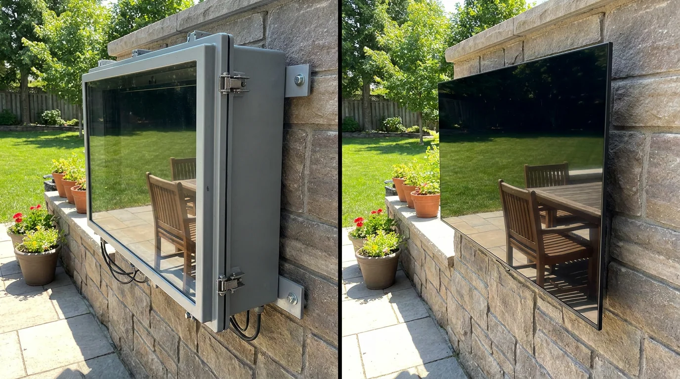 Indoor TV in weatherproof enclosure versus dedicated outdoor TV — side by side comparison