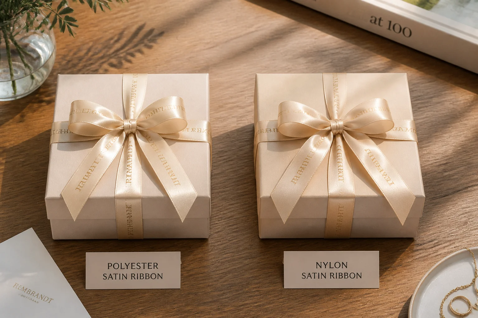 Documentary B2B product application photo two identical gift boxes one finished polyester satin ribbon bow one nylon satin ribbon bow both same champagne colour difference quality sheen subtly visible nylon bow slightly softer warmer glow polyester bow cleaner brighter reflection natural daylight wooden surface premium retail gifting context