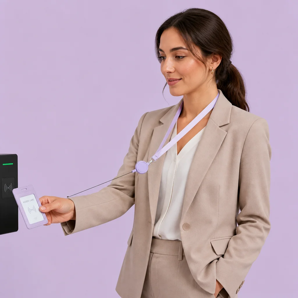 Professional Healthcare Specialist Tapping RFID Keycard Badge Reader with Retractable Lanyard