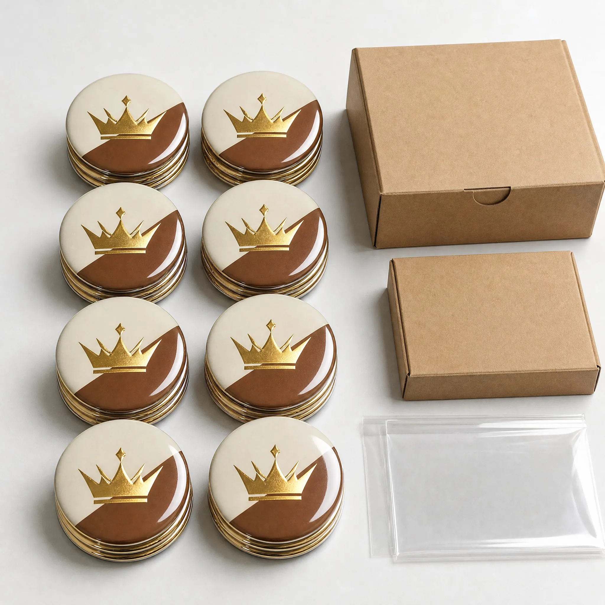 Bulk packaging of gold foil pin back button badges