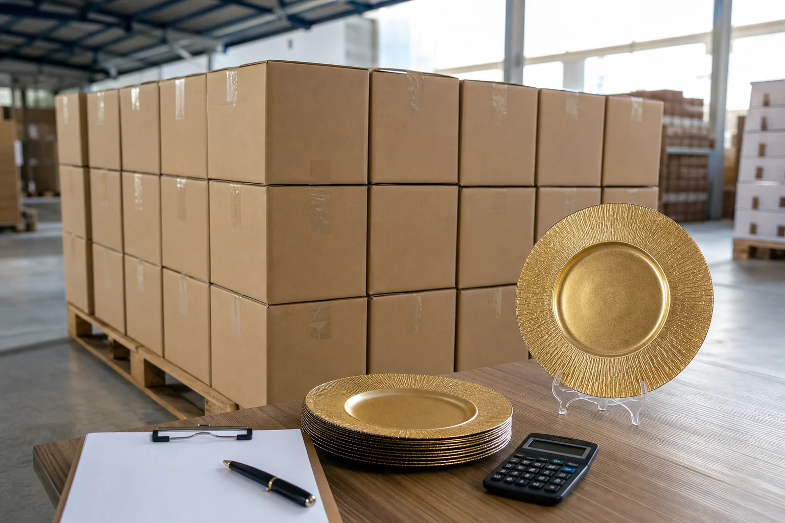 Cajas de envío apiladas con muestras de platos base para compras al por mayor
