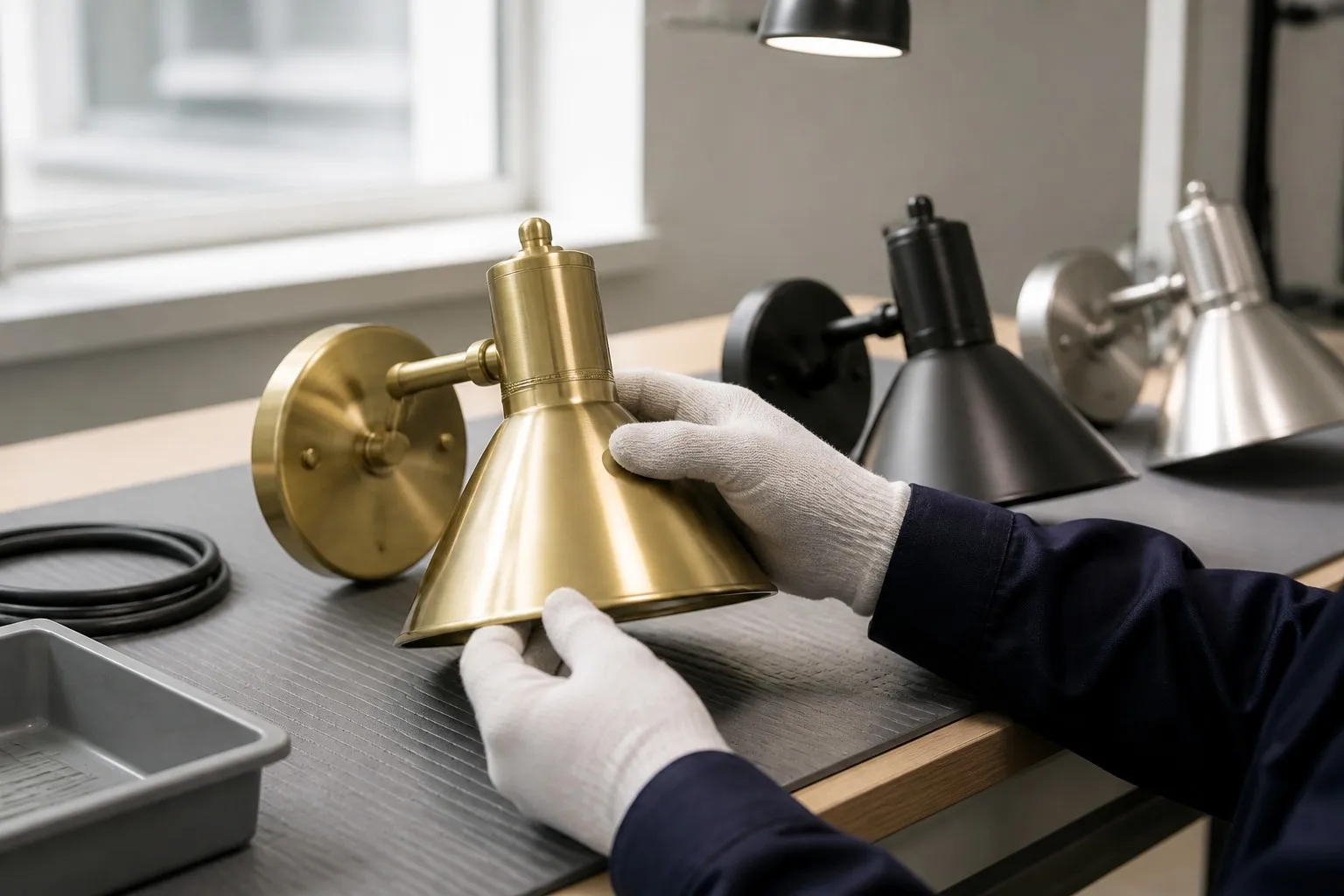 Quality inspection of a brushed brass wall lamp with matt black and satin nickel finishes behind