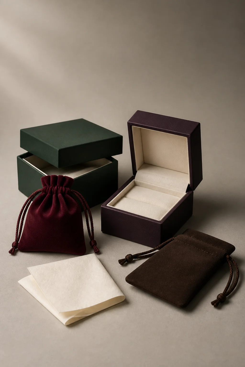 Dark jewelry packaging arranged as a still life: a forest-green rigid box with its lid ajar, a dark aubergine purple box open to show a cream lining and ring slot, a burgundy velvet drawstring pouch, a dark brown suede drawstring pouch and folded cream tissue on a warm grey surface