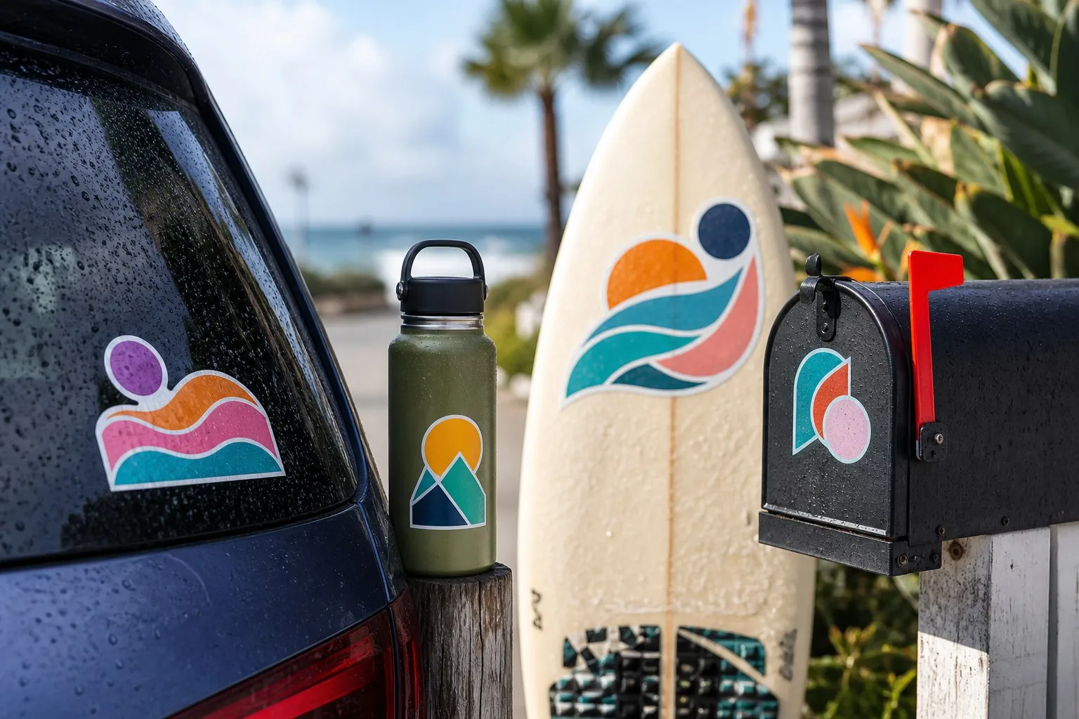 Waterproof stickers in real outdoor use car bottle surfboard