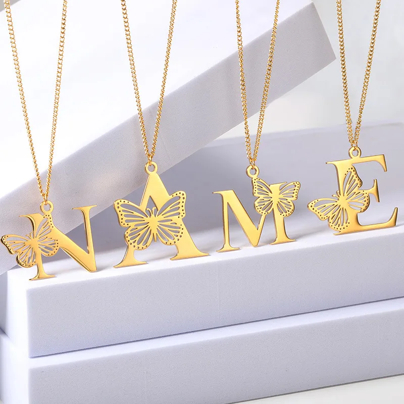 18k gold filled jewelry alphabet pendant butterfly necklaces