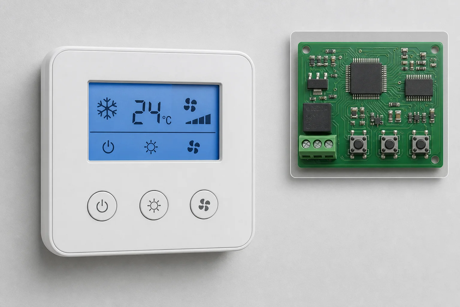 Wall-mounted HVAC AC controller with LCD display and three buttons, shown next to a close-up of its green printed circuit board