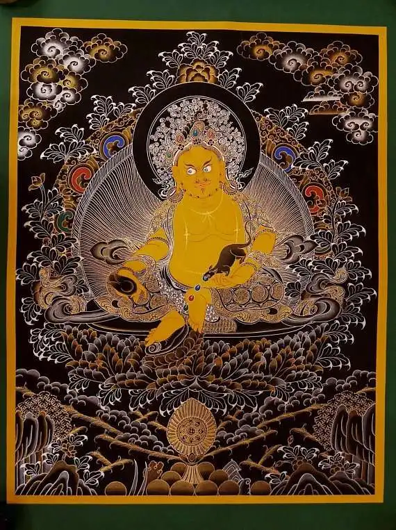 Yellow Jambhala gold thangka detail