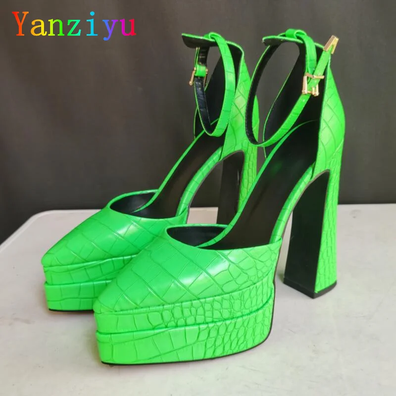 

Yanziyu Summer New Arrivals Women Shoes Crocodile Pattern Platform High Heels Ankle Strap Wedge Blue Orange Pumps Wholesale Hot