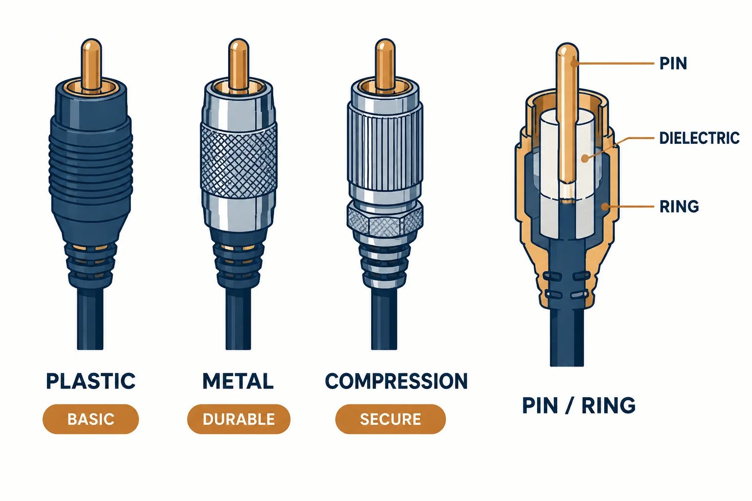 RCA plug variants plastic, metal and compression with a cutaway showing pin and ring