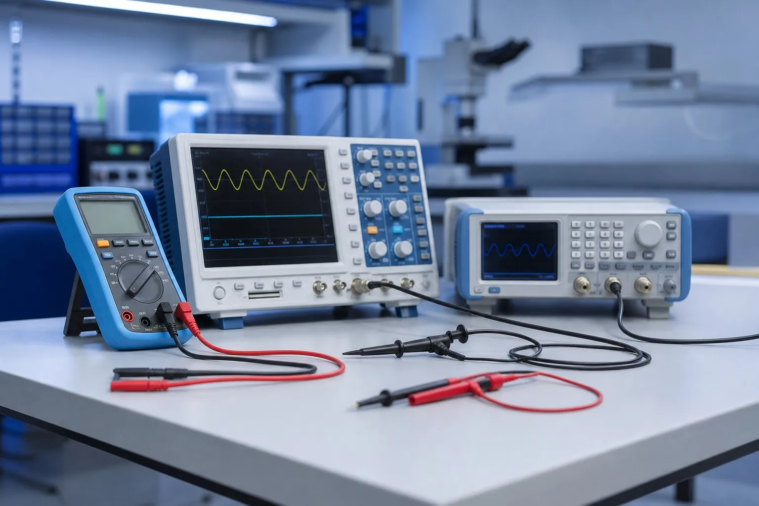 Precision test and measurement instruments on a lab bench