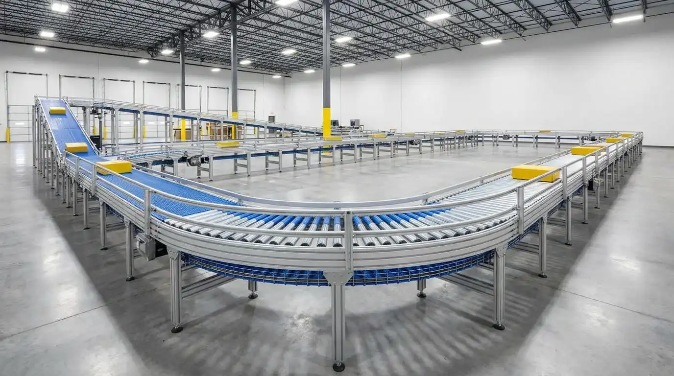 Pallet vs Modular Belt vs MDR Roller Conveyor Comparison Guide Modern automated warehouse roller conveyor system with curved sections and packages