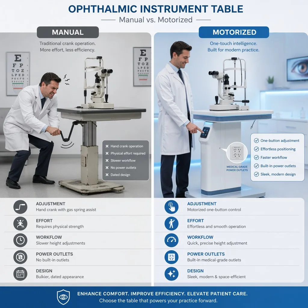Side-by-side comparison of manual versus motorized ophthalmic instrument table