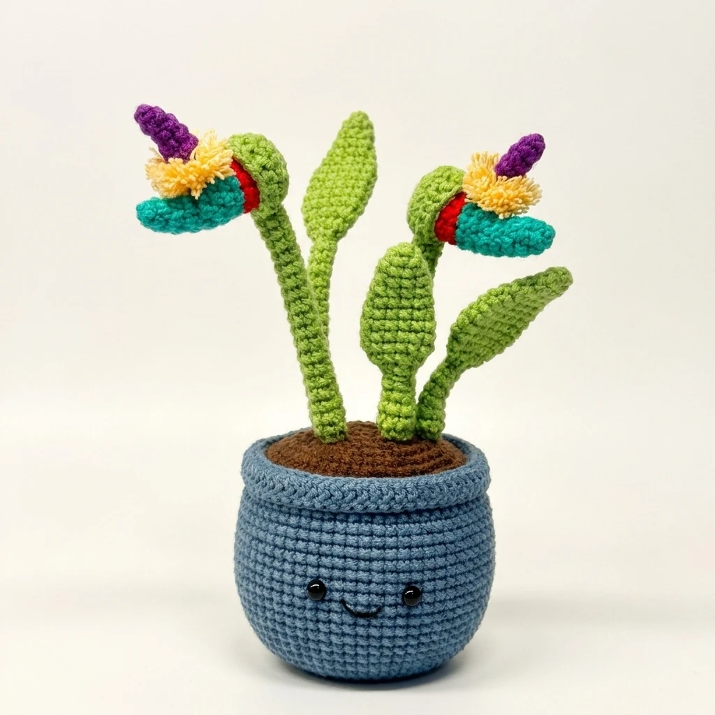 Crochet Bird of Paradise potted plant with AI blueprint comparison
