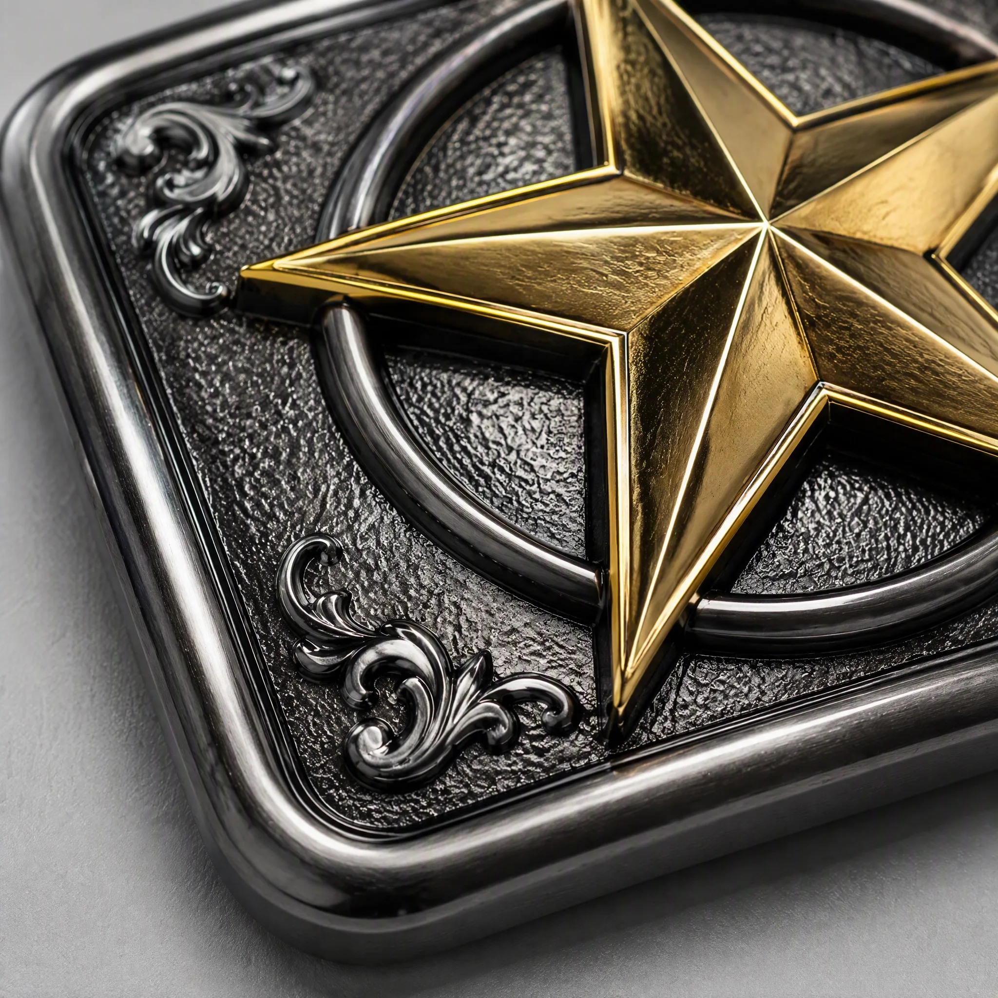 Macro detail of two-tone plating and star relief