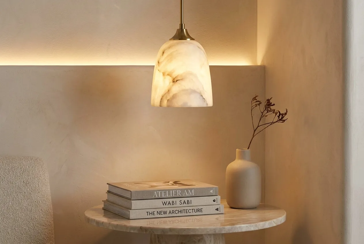 Home office reading corner featuring an Alabaster Mini Pendant casting a warm ambient glow