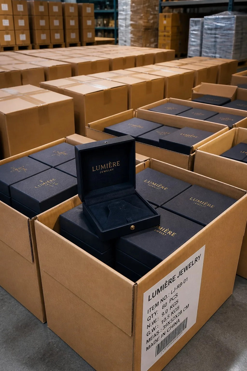 Stacks of identical custom rigid jewelry boxes in kraft shipping cartons arranged in rows on a warehouse floor