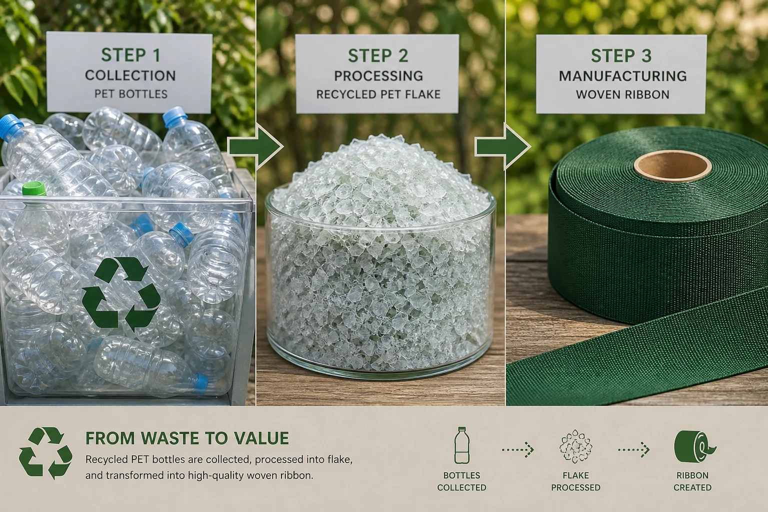 Material transformation from PET plastic bottles through recycled flake to finished woven ribbon
