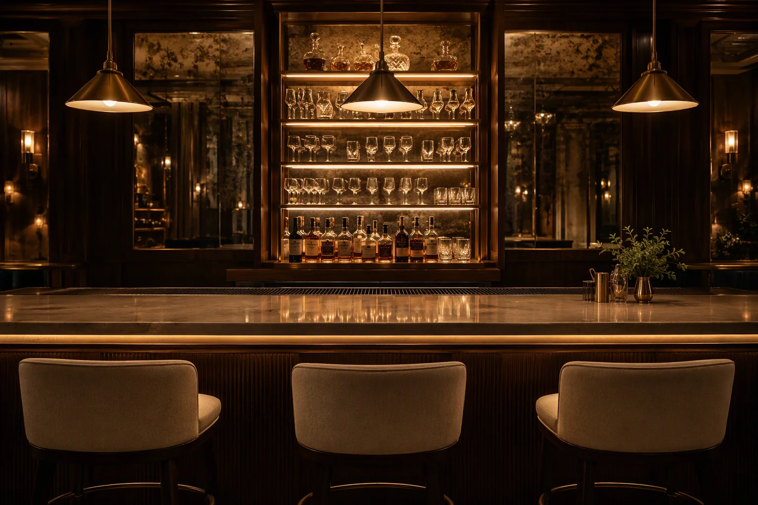 Hotel bar counter with pendant lights above and a lit back bar of glassware