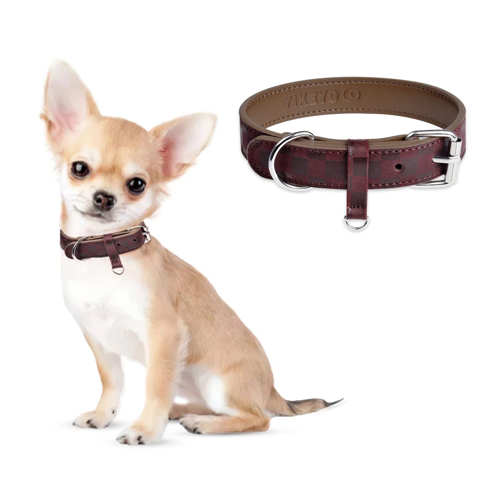 

Yikeyo Premium Personalized Dog Collar Custom Nameplate Brown Wide Red Leather Dog Collar with Metal Buckle