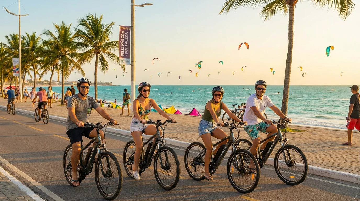 Turistas brasileiros andando de e-bike na orla de Fortaleza durante a Páscoa
